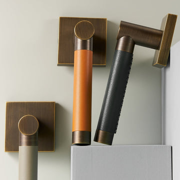 BEETHAM Solid Brass & Leather Lever Door Handles - Square Rose - meraki.