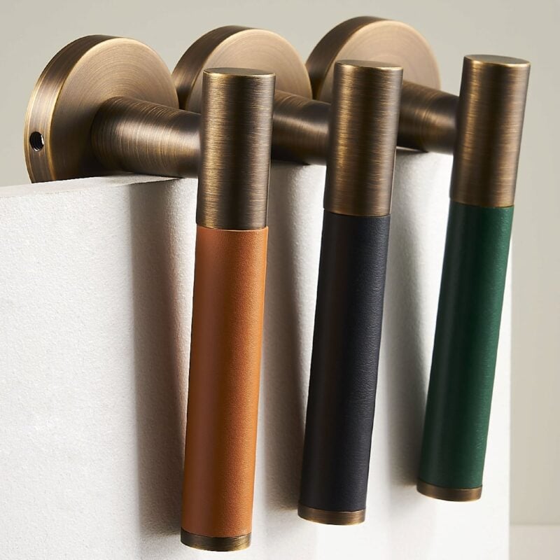 BEETHAM Solid Brass & Leather Lever Door Handles in Antique Brass