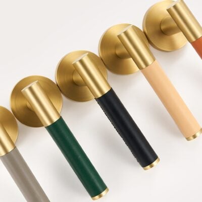 BEETHAM Solid Brass & Leather Lever Door Handles in Satin Brass