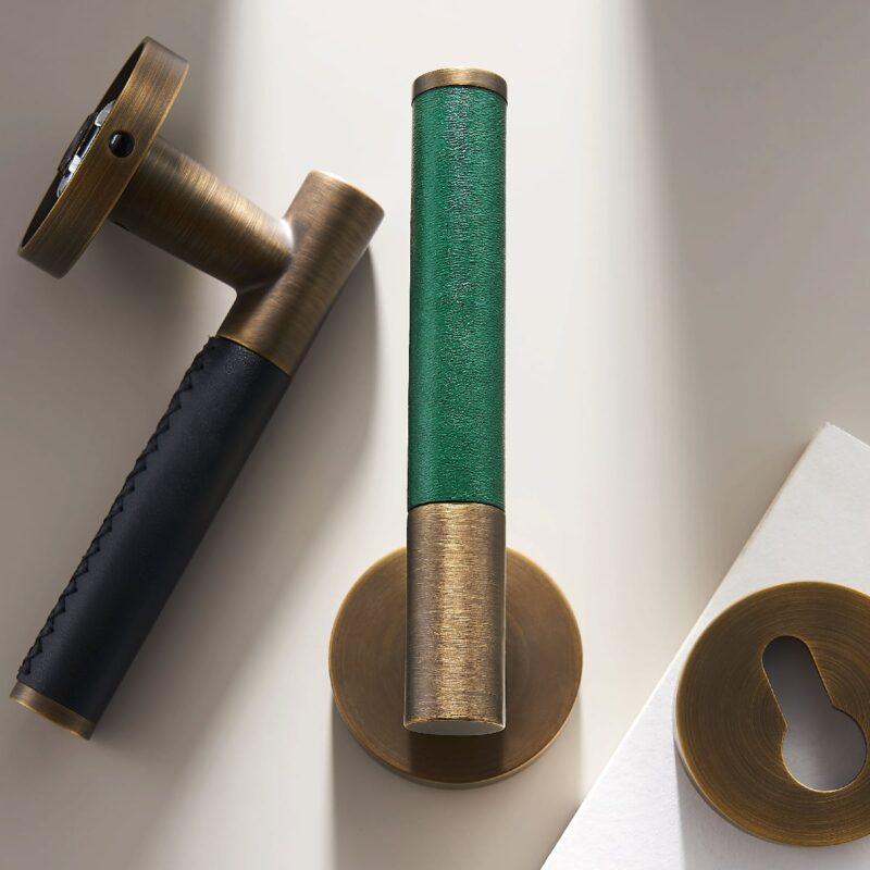 BEETHAM Solid Brass & Leather Lever Door Handles in Antique Brass