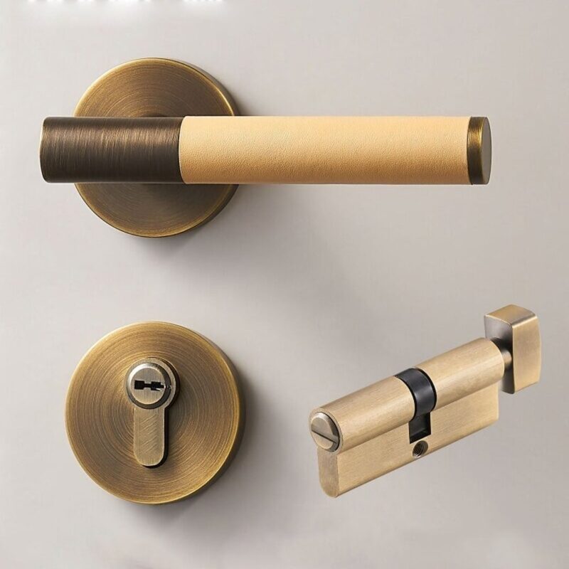 BEETHAM Solid Brass & Leather Lever Door Handles in Antique Brass