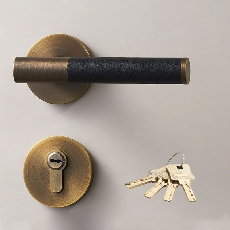 BEETHAM Solid Brass & Leather Lever Door Handles in Antique Brass