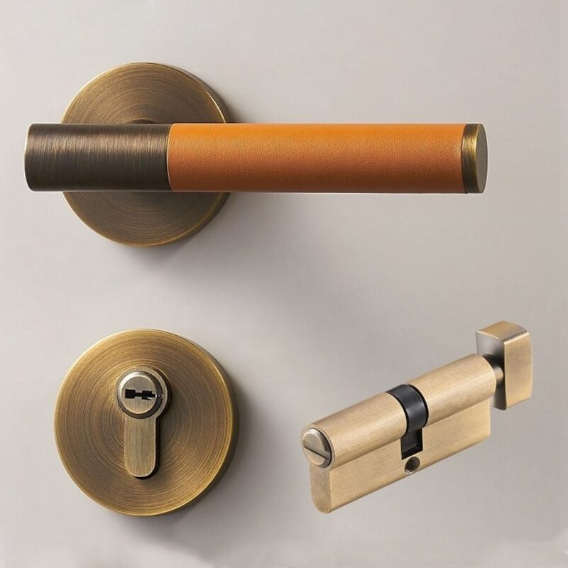 BEETHAM Solid Brass & Leather Lever Door Handles in Antique Brass