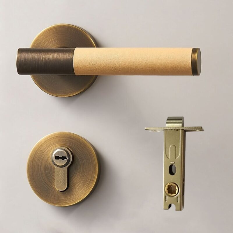 BEETHAM Solid Brass & Leather Lever Door Handles in Antique Brass