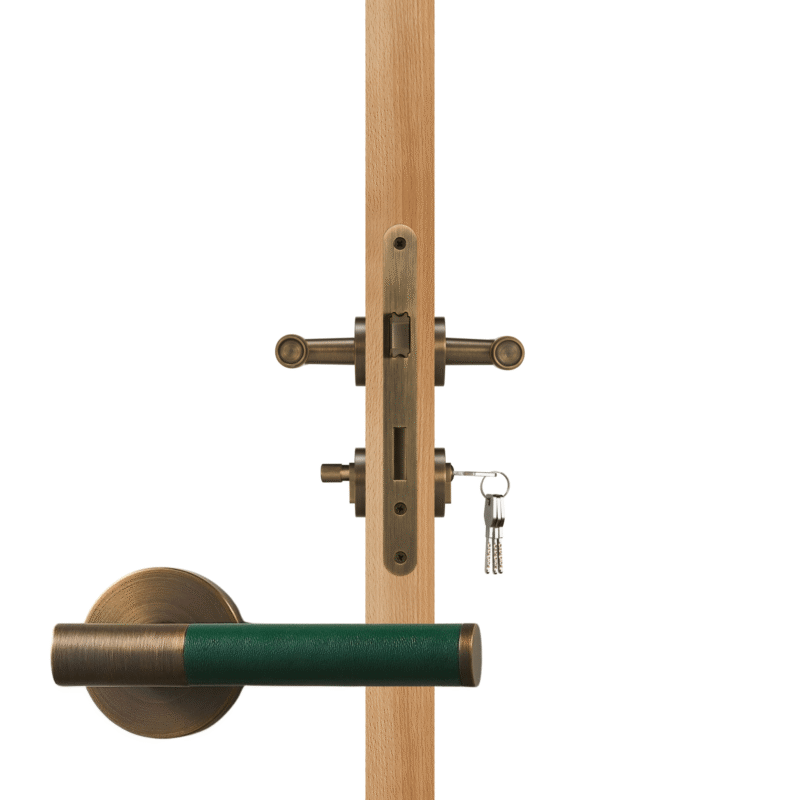 BEETHAM Solid Brass & Leather Lever Door Handles in Antique Brass