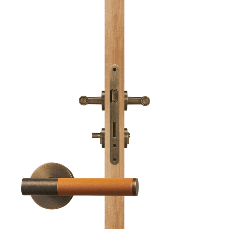 BEETHAM Solid Brass & Leather Lever Door Handles in Antique Brass