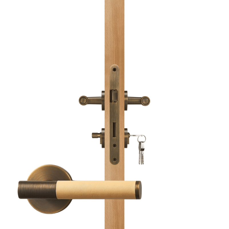 BEETHAM Solid Brass & Leather Lever Door Handles in Antique Brass