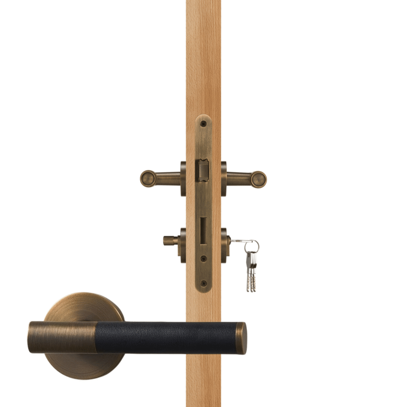 BEETHAM Solid Brass & Leather Lever Door Handles in Antique Brass