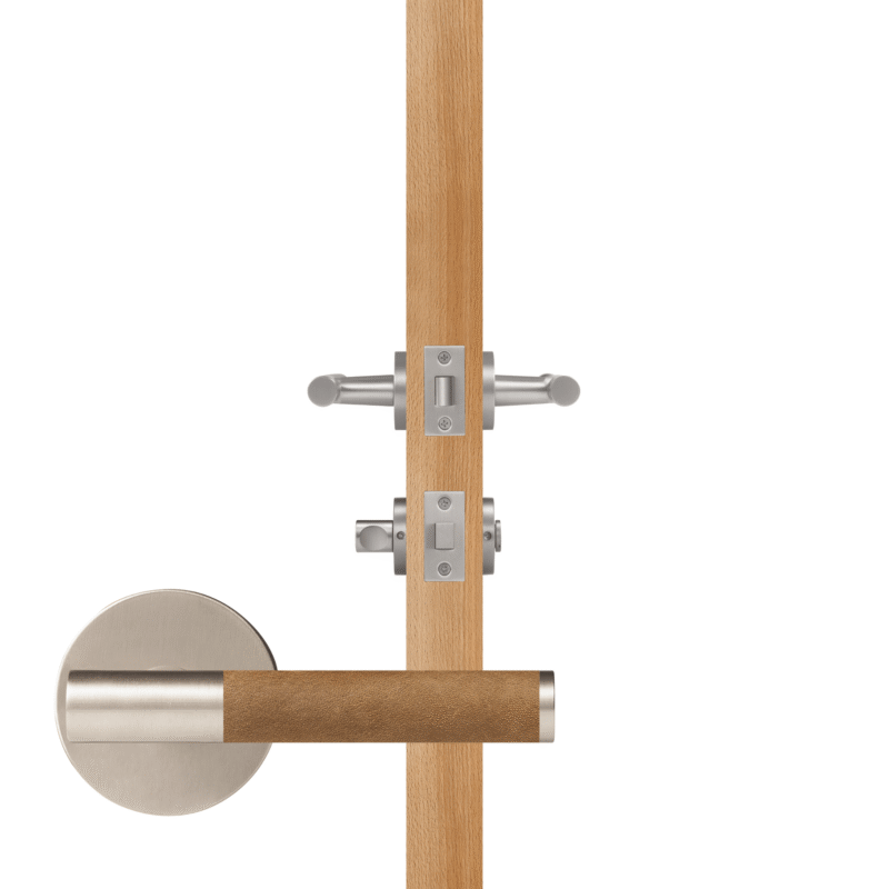 BEETHAM Solid Brass & Leather Lever Door Handles in Satin Nickel