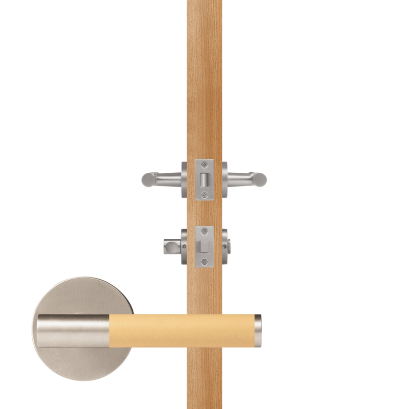 BEETHAM Solid Brass & Leather Lever Door Handles in Satin Nickel