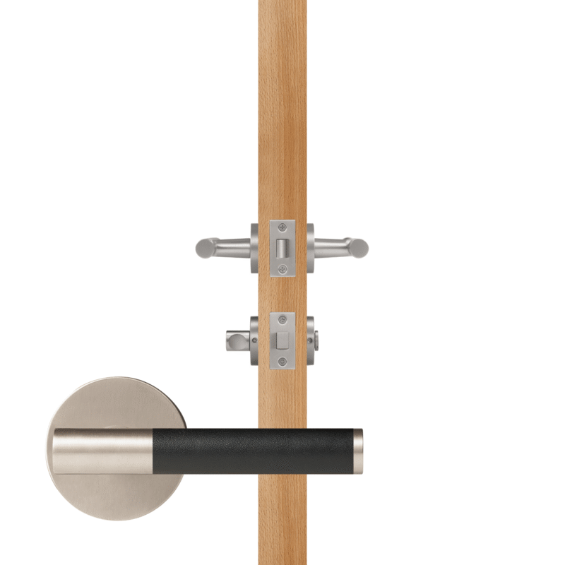 BEETHAM Solid Brass & Leather Lever Door Handles in Satin Nickel