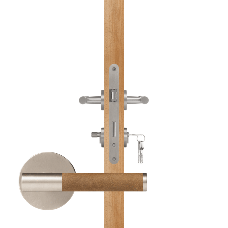 BEETHAM Solid Brass & Leather Lever Door Handles in Satin Nickel