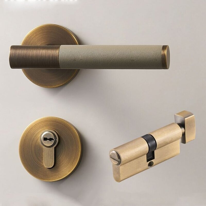 BEETHAM Solid Brass & Leather Lever Door Handles in Antique Brass