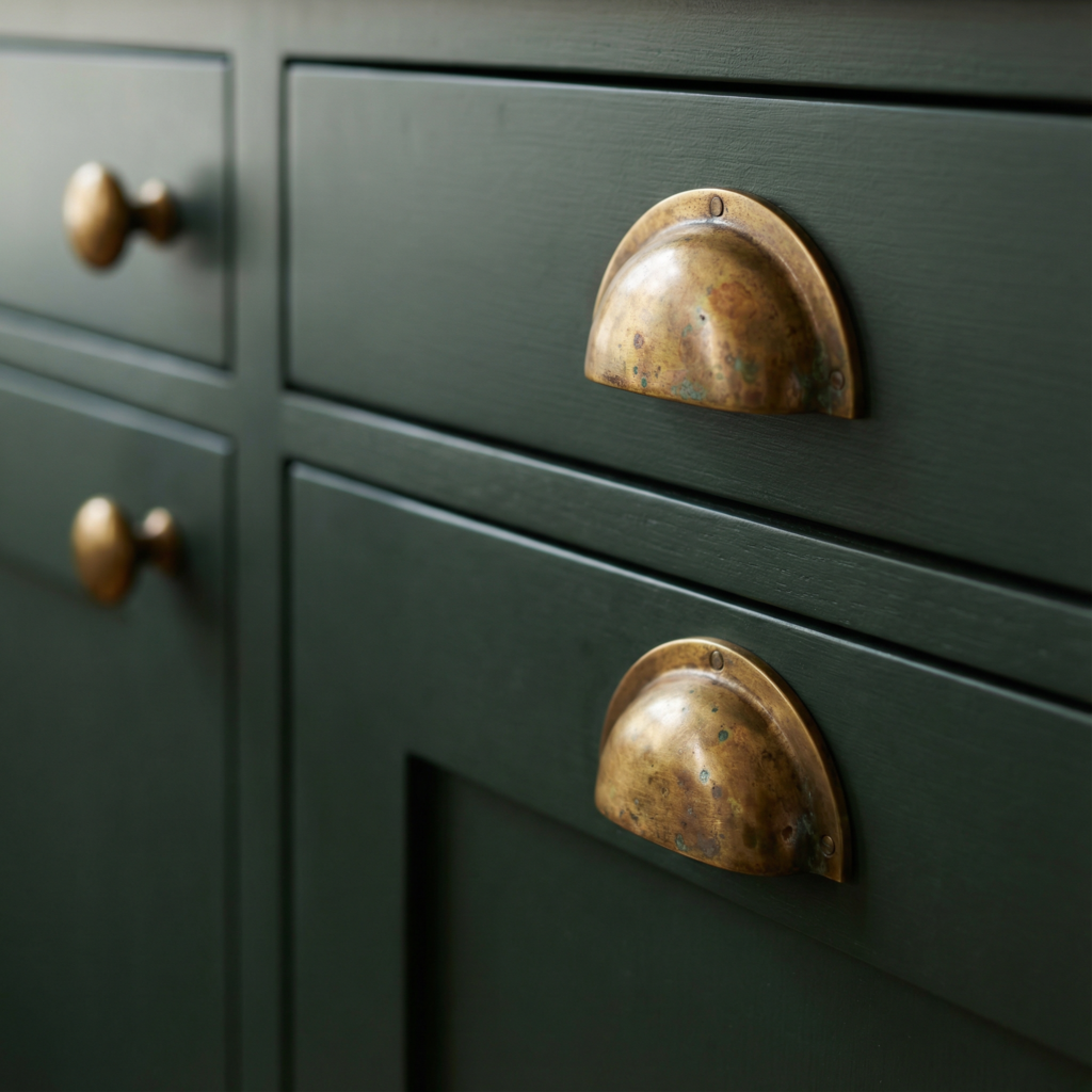 meraki Nahaufnahme der unlackierten Messinggriffe an einem dunklen Schrank 892b618e a275 432a b2fb 213c7acc6750 – meraki.